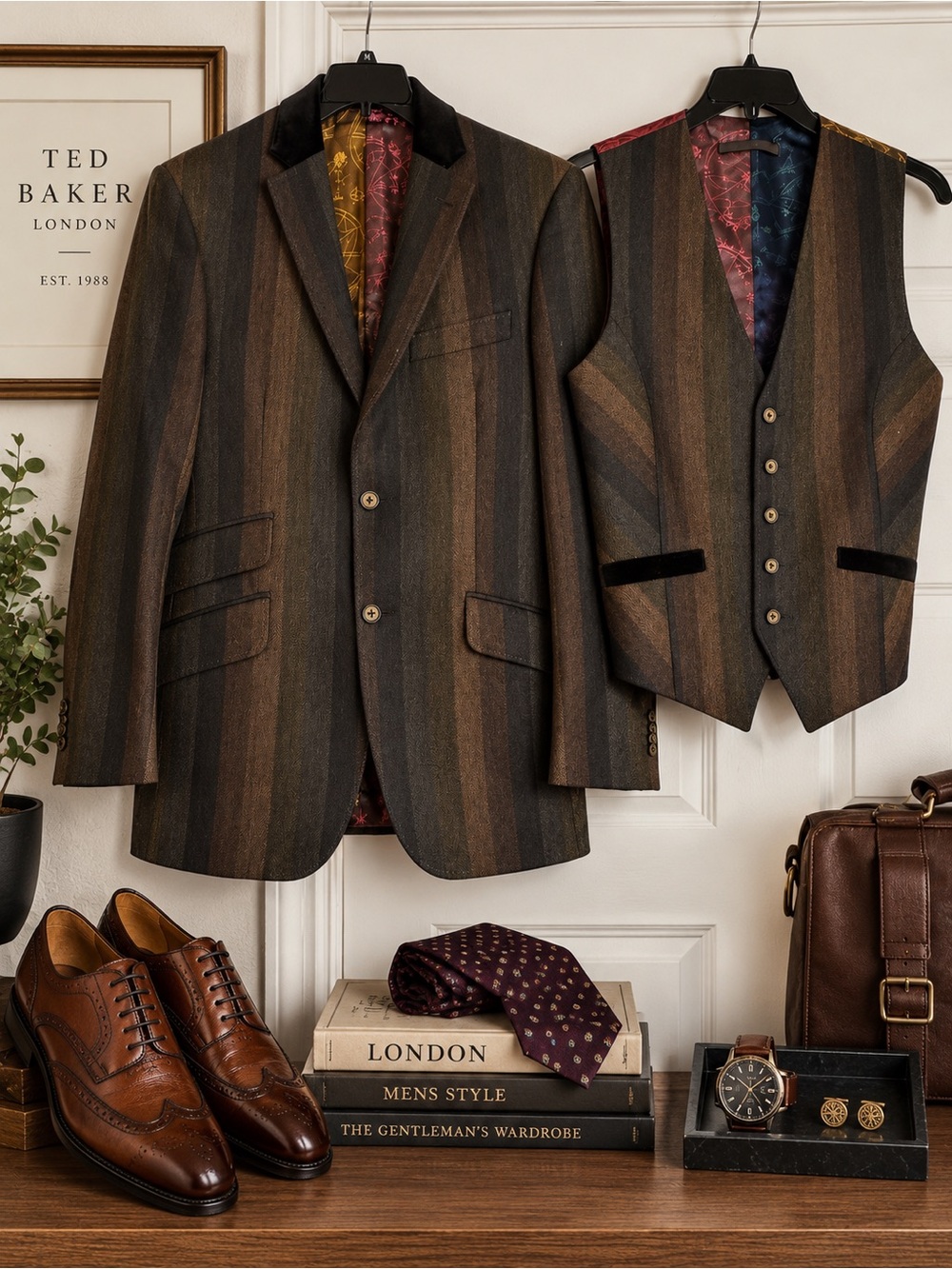 Ted Baker London Brown and Charcoal Striped Wool Blazer with Matching Waistcoat